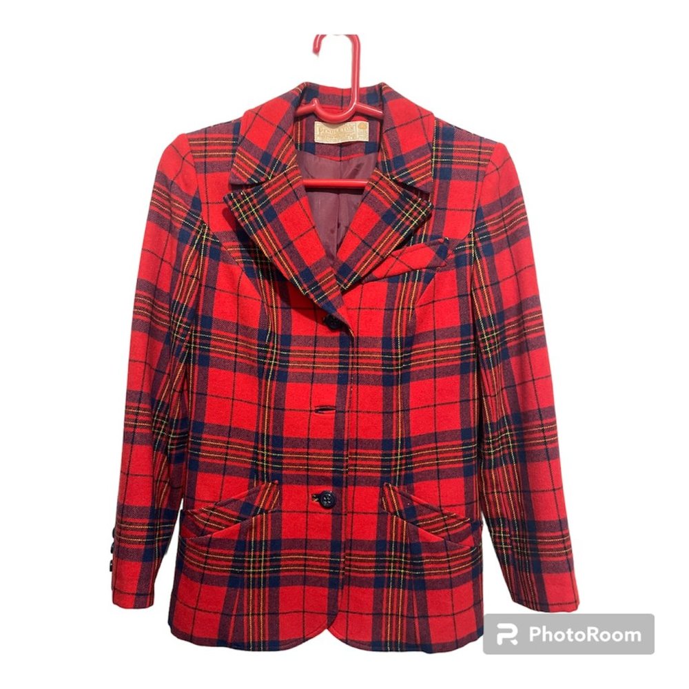 70's Vintage Pendleton Wool Red Plaid Long Sleeve Button Blazer Jacket  Size 8